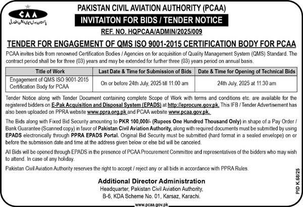 Pakistan Civil Aviation Authority Karachi Tender Notice
